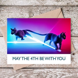 Carte imprimable chat Jedi | Carte imprimable Star Wars Day | Cartes de téléchargement numérique du 4 mai | Cartes imprimables May the 4th Be With You | Jedi