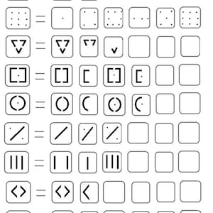 K&ouml;nnte beinhalten: Ein Diagramm, das verschiedene Symbole und ihre Teilkomponenten zeigt. Die Symbole umfassen Punkte, Quadrate, Dreiecke, Klammern, Kreise, diagonale Linien, vertikale Linien, Winkelklammern, ein X und ein Y.