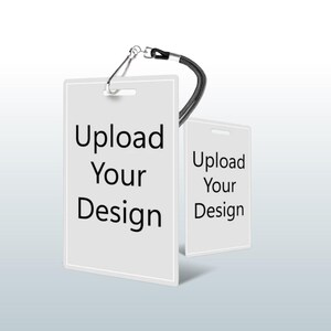 May include: Two white rectangular blank name tags with a black lanyard. The text "Upload Your Design" is printed on each tag.