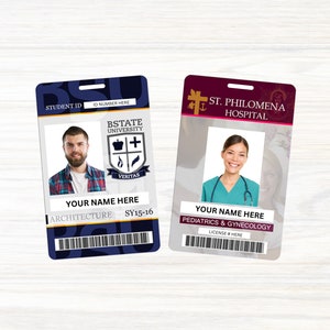 May include: Two ID cards, one blue and one maroon, with photos of people and text. The blue card says "BState University" and "Veritas" and the maroon card says "St. Philomena Hospital".