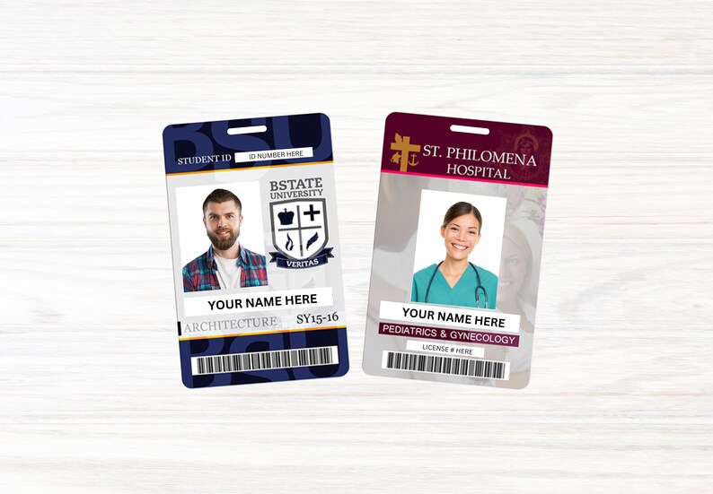May include: Two ID cards, one blue and one maroon, with photos of people and text. The blue card says "BState University" and "Veritas" and the maroon card says "St. Philomena Hospital".