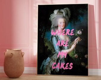 May include: A painting of a woman in a blue dress holding a flower. The text "WHERE ARE MY CAKES" is written in pink letters over the image.