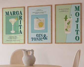 Retro Cocktail Prints Set, Colorful Gallery Wall Art (Digital Download)