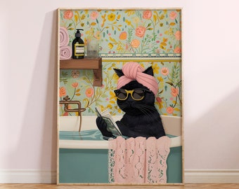 Impression d'art chat maximaliste dans la baignoire, décoration d'intérieur éclectique (téléchargement numérique)