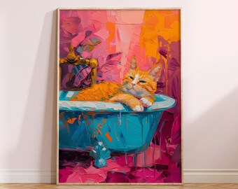 May include: A painting of an orange tabby cat relaxing in a blue bathtub. The cat is surrounded by pink and orange foliage. The painting has a textured, brushstroke style.
