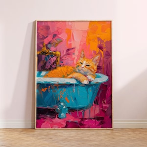 May include: A painting of an orange tabby cat relaxing in a blue bathtub. The cat is surrounded by pink and orange foliage. The painting has a textured, brushstroke style.