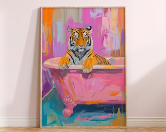 Impression d'art tigre dans une baignoire rose, décoration murale éclectique maximaliste (téléchargement numérique)
