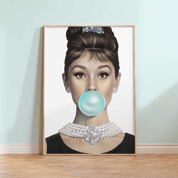 Audrey Hepburn Bubble Gum Fashion Print Logo INSTANT DOWNLOAD, Stampa Pop Art, Wand Kunst, Stampabile, Download digitale Illustration