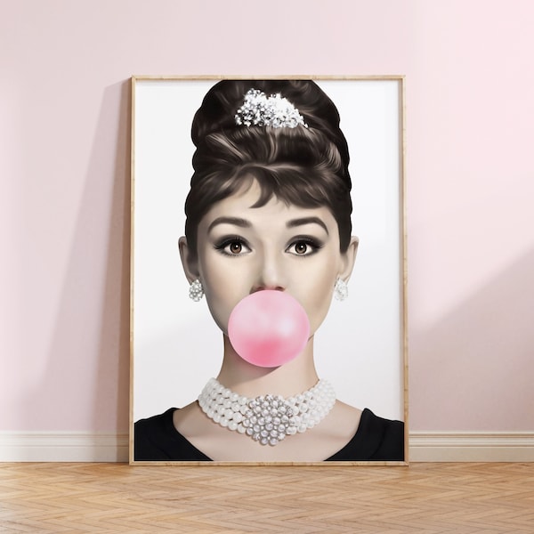 Audrey Hepburn Bubble Gum Fashion Print Logo INSTANT DOWNLOAD, Stampa Pop Art, Wand Kunst, Stampabile, Download digitale Illustration