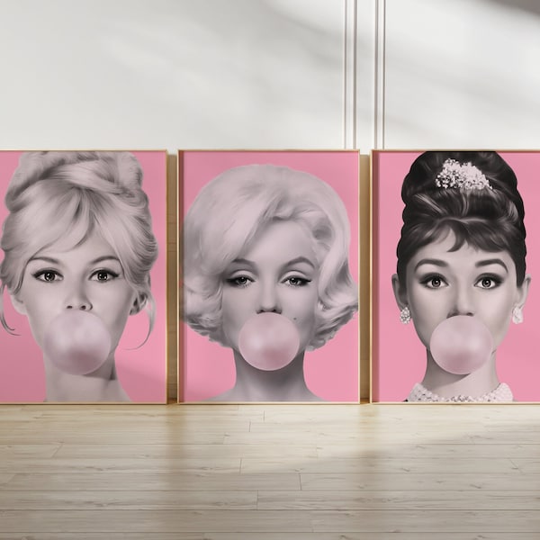 Juego de 3 arte de pared de galería moderno, Marilyn Monroe, Bardot, arte de Audrey Hepburn, impresión de moda, pintura famosa, arte de pared de cómic, arte pop retro.