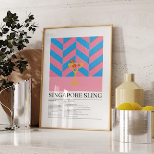 Singapore Sling Cocktail Print, Retro Cocktail Print, Cocktail Wall Art Print, Art Download, Drink Print Art, Printable Cocktail Download