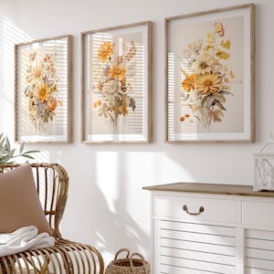 Set Of 3 Neutral Watercolor Wildflower Prints, Minimalist Boho Wall Decor, Botanical Wall Art, Digital Download PRINTABLE Floral Prints