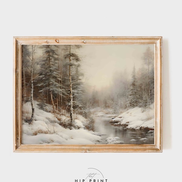 Vintage Winter Painting Wall Art | Snowy Winter Landscape Wall Art | Neutral Antique Printable | Vintage Rustic Digital Download