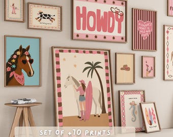 Coastal Cowgirl Wall Art Bundle, Pink Western Aesthetic Gallery Set of 70, Girly Bedroom Decor, Beach Rodeo Printable