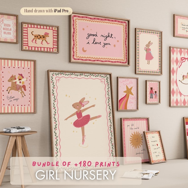 Pink Animal Nursery Prints, Cottagecore Baby Girl Gallery Wall (Digital Download, 180+ Prints)