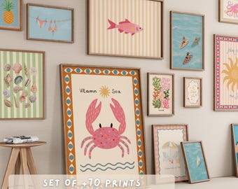 70+ Summer Wall Art Prints, sea Themed Bundle, Coastal Beach House Decor, Surf Mermaid Seashell Posters, Nautical Digital Posters