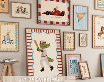 Sports Nursery Wall Art Set, 50 Kids Room Prints, Baby Boy Athletic Decor, Animal Posters, Playroom Gallery Wall