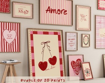 Valentine Wall Art Bundle, 20 Romantic Valentine Prints, Vintage Love Posters, Trendy Folk Heart Art, Pink Red Gallery Decor