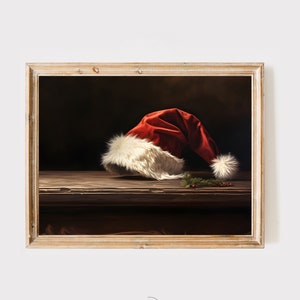 Christmas Santa Claus' hat Painting, Vintage Christmas Decor Printable Wall Art,Muted Neutral Moody Rustic Winter Decor,Christmas Gift Idea.