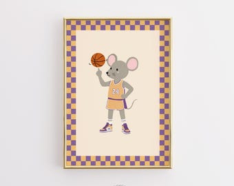 Mouse Basketball Nursery Print, Sports Nursery Wall Art, Baby Boy Room Decor, Cute Animal Athlete Poster, Kids Playroom Art