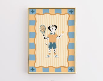 Dalmatian Tennis Nursery Print, Sports Wall Art, Baby Boy Room Decor, Cute Animal Athlete Poster, Kids Playroom