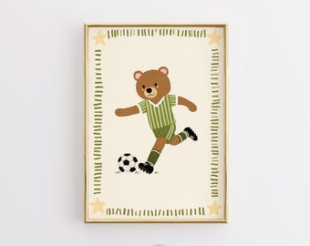 Bear Soccer Nursery Print, Sports Wall Art, Baby Boy Football Decor, Cute Animal Athlete Poster, Kids Playroom