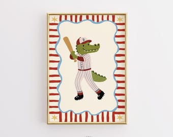 Alligator Baseball Nursery Print, Sports Nursery Wall Art, Baby Boy Room Decor, Animal Athlete Poster, Kids Playroom