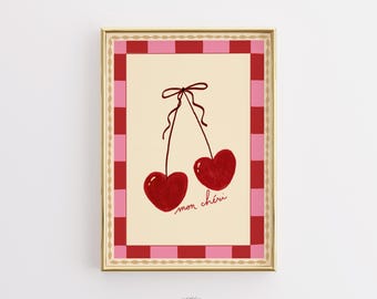 Trendig Alla hjärtans dag-väggkonsttryck, hängande hjärtillustration, affisch, rosa och röd kärleksdekor, romantisk konst i folkstil, presentidé