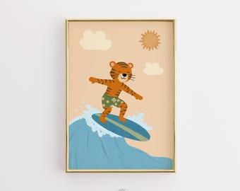 Tiger Surfing Nursery Print, Sports Wall Art, Baby Boy Room Decor, Cute Animal Beach Poster, Kids Playroom
