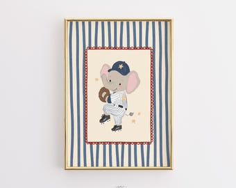 Elephant Baseball Nursery Print, Sports Wall Art, Baby Room Decor (Digital Download)