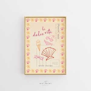 Arte de parede costeira de verão La Dolce Vita, impressão de cartão postal retrô com sorvete, biquíni e concha, estética italiana para cozinha ou casa de praia