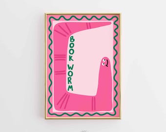 Pink Bookworm Print, Colorful Illustration for Library Decor (Digital Download)