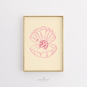 May include: A pink line drawing of a seashell with a disco ball inside. The seashell is closed and the disco ball is in the center of the shell. The background is a light yellow.