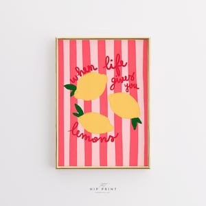 Quando la vita ti dà limoni - Decorazione murale stampabile per la cucina preppy rosa e gialla, poster di frutta estiva, decorazione con citazione motivazionale alla moda