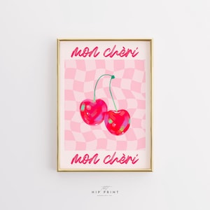 Mon Chèri ウォールアートプリント、フルーツキッチンデコレーション、モダンボヘミアンプリントアート、鮮やかなレッドチェリーポスター、レトロポップアート、デジタルダウンロードデコレーション