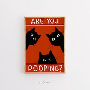 Funny Cat Bathroom Print, Black Cat Wall Art, Quirky Bathroom Decor, Kitty Pooping Sign, Cute Cat Poster, Digital Download, Cat Lover Gift