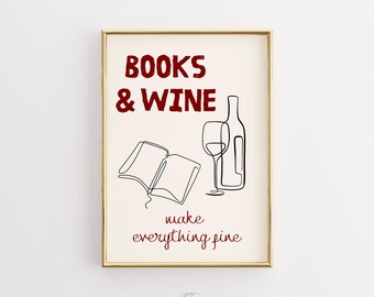 Boeken en wijnlijnkunstprint, minimalistisch interieur (digitale download)