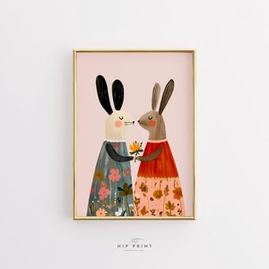Arte murale per la cameretta dei bambini con coniglietti floreali, stampa di conigli stravaganti per la decorazione della cameretta dei bambini, poster di animali adorabili, decorazione della cameretta dei bambini, download di arte stampabile