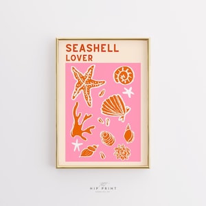 Arte de pared para amantes de las conchas marinas, impresión de conchas de playa, póster de océano de verano, decoración costera de coral, ilustración de vida marina rosa, descarga instantánea