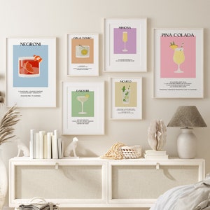 Conjunto de impresiones de cócteles de 6, colorido arte de pared digital de la galería de cócteles, impresiones de arte de cócteles, póster imprimible de cócteles, impresión de cócteles retro