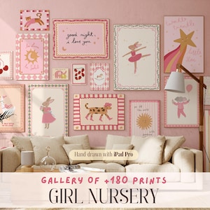 May include: A collection of framed art prints for a girl's nursery, featuring illustrations of animals, stars, and quotes in pink and cream. The text "GIRL NURSERY" is displayed. The prints are in a variety of sizes.