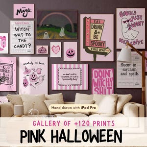 Pink Halloween Wall Art Bundle, Spooky Ghost & Cat Posters (Digital Download)