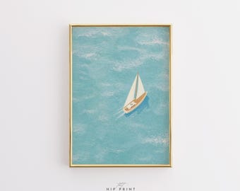 Sailboat Ocean Wall Art, Coastal Beach Print, Minimalist Sea Poster, Blue Water Artwork, Nautical Summer Home Decor Print