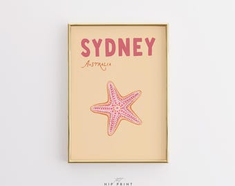 Sydney Australia Wall Art, Coastal Starfish Print, Beachy Summer Poster, Pink Ocean Decor, Australian Travel Artwork