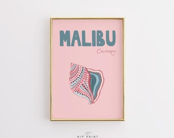 Malibu California Wall Art, Coastal Shell Print, Pink Beach Poster, Retro Summer Decor, Seaside Vacation Artwork for Beach House