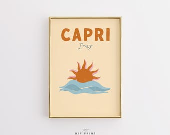 Capri Italy Wall Art, Coastal Mediterranean Print, Retro Summer Poster, Italian Beach Decor, Amalfi Coast Artwork