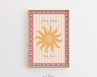 Here Comes The Sun Wall Art, Retro Summer Print, Pink Coastal Poster, Boho Sun Artwork, Beach House Decor Print