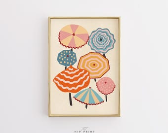 Colorful Beach Umbrella Wall Art, Coastal Summer Print, Retro Seaside Poster, Mediterranean Beach Decor, Cute Vacation Artwork