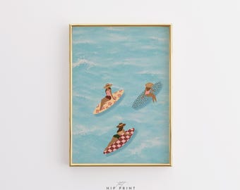 Woman Floating in Ocean Wall Art, Coastal Beach Print, Blue Water Poster, Summer Pool Decor, Minimalist Seascape Artwork