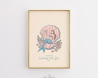 Mermaid Wall Art Print, Under The Sea Coastal Poster, Pink Seashell Artwork, Beach House Decor, Ocean Aesthetic Art